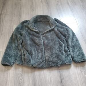 Uniqlo Teddy Jacket Full Zip Large Women Green Fuzzy Sherpa Cozy